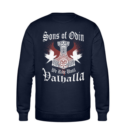 Ein Sweatshirt für Motorradfahrer von Wingbikers mit dem Aufdruck, Sons of Odin - We Ride Until Valhalla, als Back Print, in navy blau.