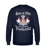 Ein Sweatshirt für Motorradfahrer von Wingbikers mit dem Aufdruck, Sons of Odin - We Ride Until Valhalla, als Back Print, in navy blau.