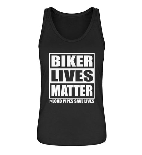 Ein Damen Tanktop für Motorradfahrerinnen von Wingbikers mit dem Aufdruck, Biker Lives Matter - # Loud Pipes Save Lives, in schwarz.