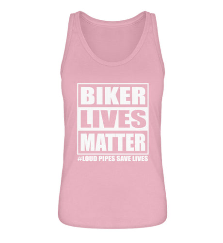 Ein Damen Tanktop für Motorradfahrerinnen von Wingbikers mit dem Aufdruck, Biker Lives Matter - # Loud Pipes Save Lives, in rosa.