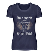 Ein Bikerin T-Shirt für Motorradfahrerinnen von Wingbikers mit dem Aufdruck, In a world full of Princesses, be a Biker Bitch - in navy blau.