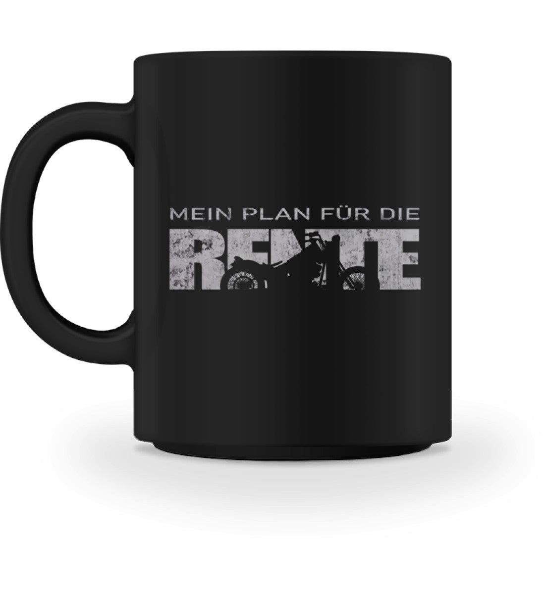 Eine Biker Tasse für Motorradfahrer, von Wingbikers, mit dem beidseitigen Aufdruck, Mein Plan für die Rente, in schwarz.