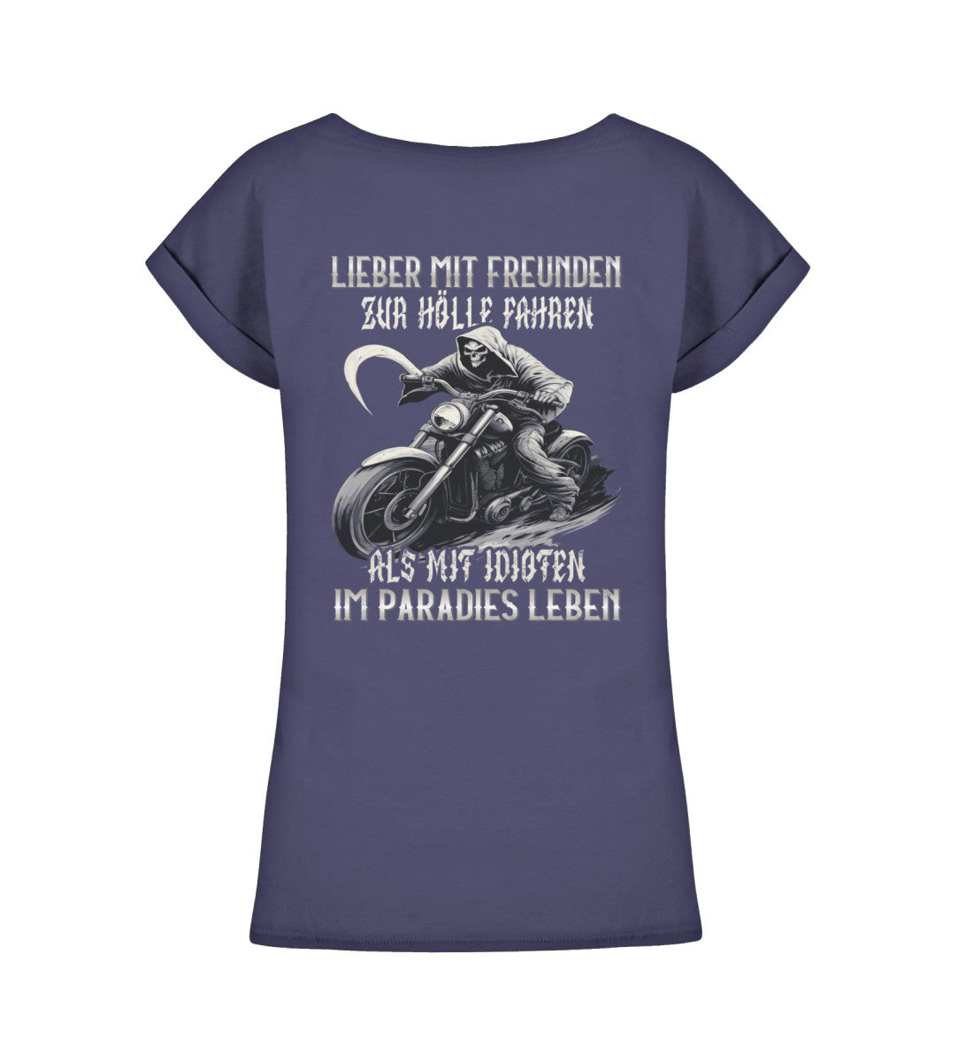 Ein T-Shirt für Motorradfahrerinnen von Wingbikers mit dem Aufdruck, Lieber mit Freunden zur Hölle fahren, als mit Idioten im Paradies leben, - leger geschnitten, mit Back Print, in navy blau.