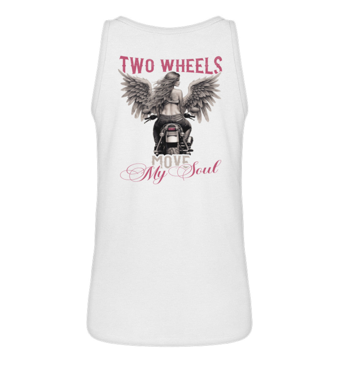 Ein Tanktop für Motorradfahrerinnen von Wingbikers mit dem Aufdruck, Two Wheels Move My Soul, in weiß.