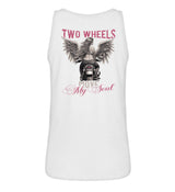 Ein Tanktop für Motorradfahrerinnen von Wingbikers mit dem Aufdruck, Two Wheels Move My Soul, in weiß.