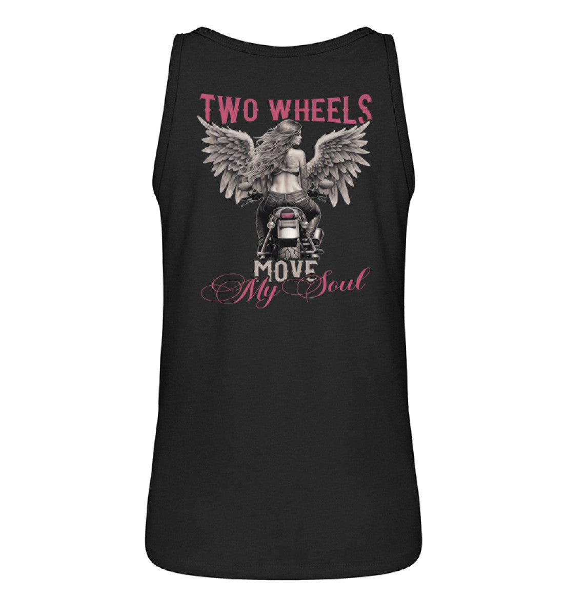 Ein Tanktop für Motorradfahrerinnen von Wingbikers mit dem Aufdruck, Two Wheels Move My Soul, in schwarz.