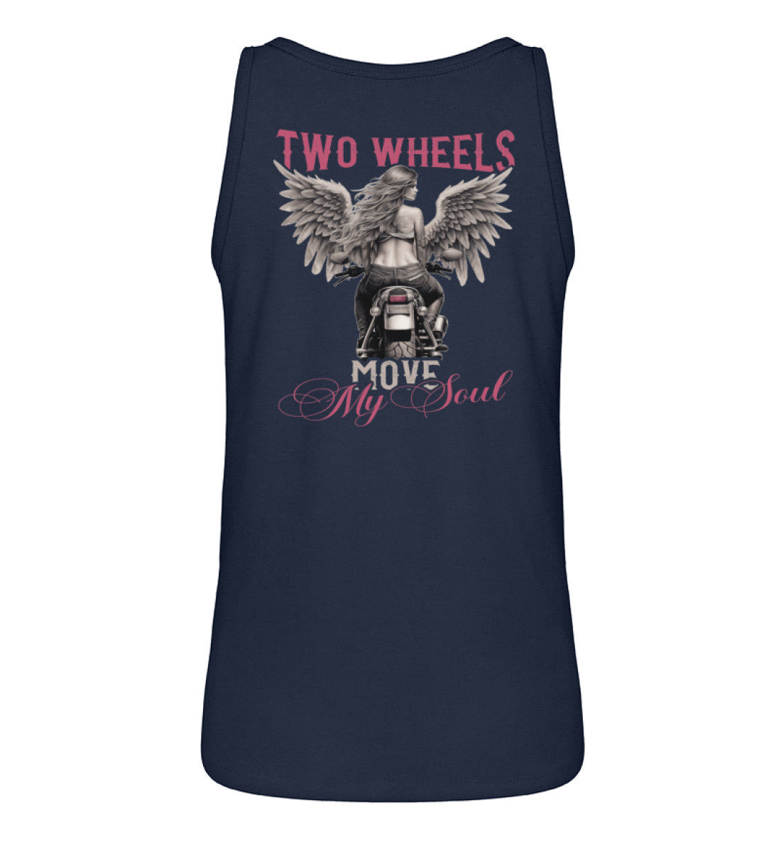 Ein Tanktop für Motorradfahrerinnen von Wingbikers mit dem Aufdruck, Two Wheels Move My Soul, in navy blau.