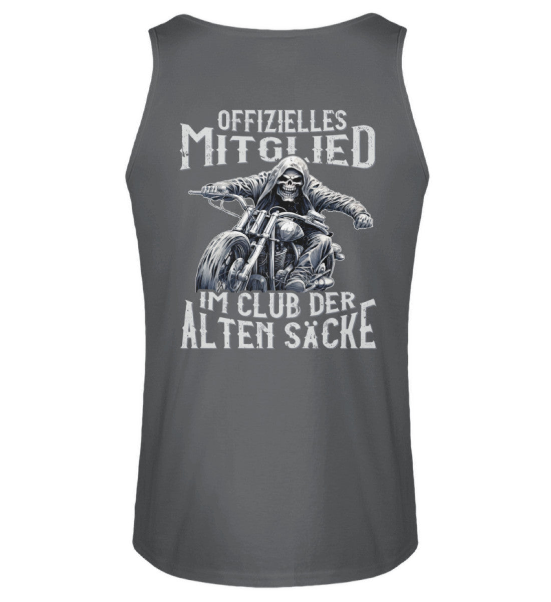 Ein Biker Tanktop für Motorradfahrer von Wingbikers mit dem Aufdruck, Offizielles Mitglied im Club der alten Säcke, mit Back Print, in dunkelgrau.