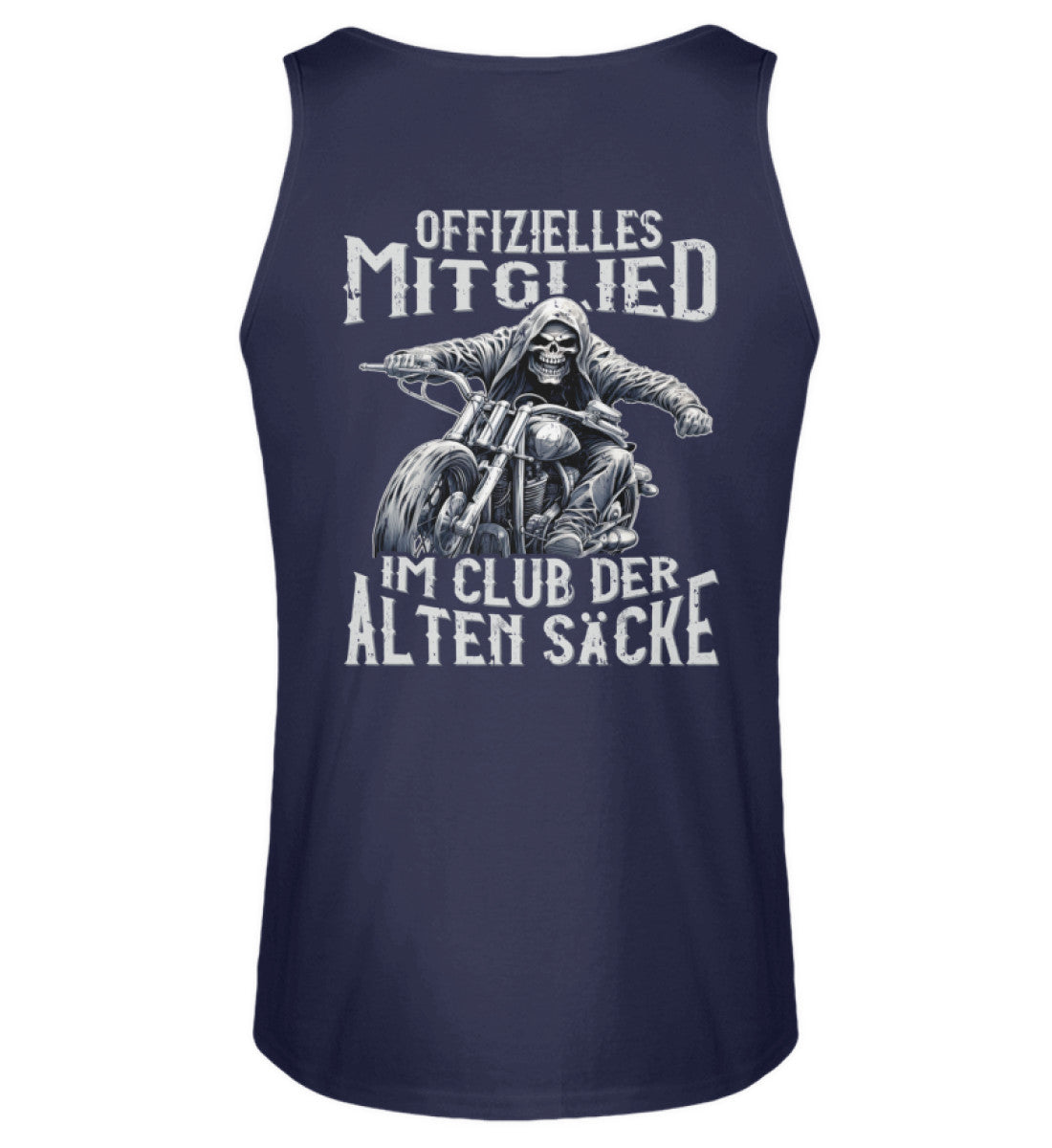 Ein Biker Tanktop für Motorradfahrer von Wingbikers mit dem Aufdruck, Offizielles Mitglied im Club der alten Säcke, mit Back Print, in navy blau.