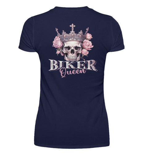 Ein Bikerin T-Shirt mit V-Ausschnitt für Motorradfahrerinnen von Wingbikers mit dem Aufdruck, Biker Queen - mit Back Print, in navy blau.