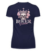 Ein Bikerin T-Shirt mit V-Ausschnitt für Motorradfahrerinnen von Wingbikers mit dem Aufdruck, Biker Queen - mit Back Print, in navy blau.