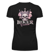 Ein Bikerin T-Shirt mit V-Ausschnitt für Motorradfahrerinnen von Wingbikers mit dem Aufdruck, Biker Queen - mit Back Print, in schwarz.