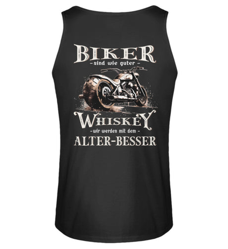 Ein Biker Tanktop von Wingbikers mit einem vintage Aufdruck, Biker sind wie gute Whiskey - wir werden mit dem Alter besser, mit Back Print, in schwarz.