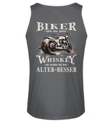 Ein Biker Tanktop von Wingbikers mit einem vintage Aufdruck, Biker sind wie gute Whiskey - wir werden mit dem Alter besser, mit Back Print, in dunkelgrau.