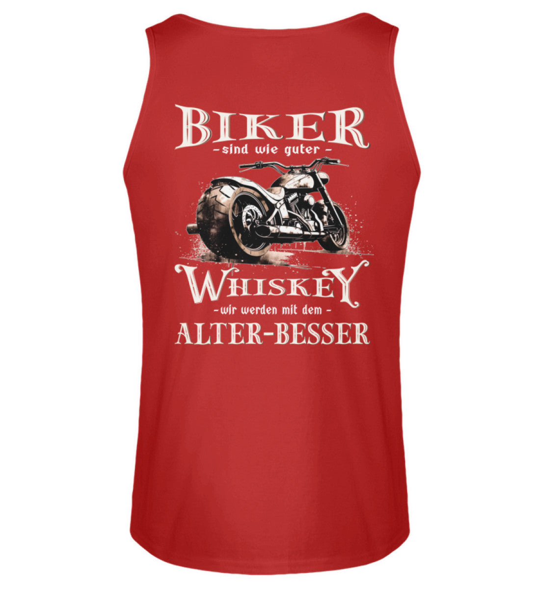 Ein Biker Tanktop von Wingbikers mit einem vintage Aufdruck, Biker sind wie gute Whiskey - wir werden mit dem Alter besser, mit Back Print, in rot.