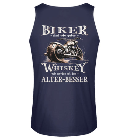 Ein Biker Tanktop von Wingbikers mit einem vintage Aufdruck, Biker sind wie gute Whiskey - wir werden mit dem Alter besser, mit Back Print, in navy blau.