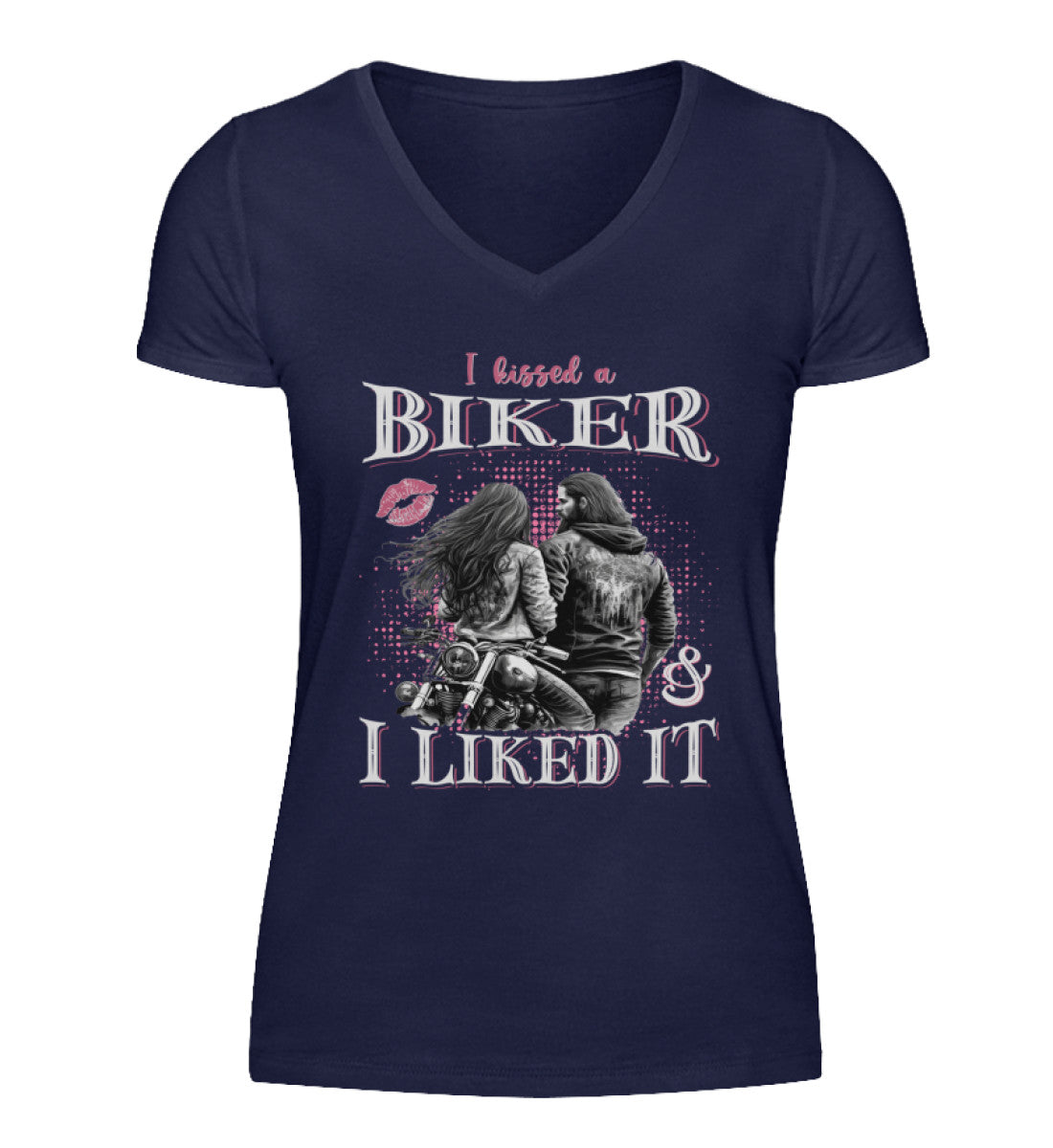 Ein T-Shirt mit V-Ausschnitt für Motorradfahrerinnen von Wingbikers mit dem Aufdruck, I Kissed A Biker And I Liked It, in navy blau.