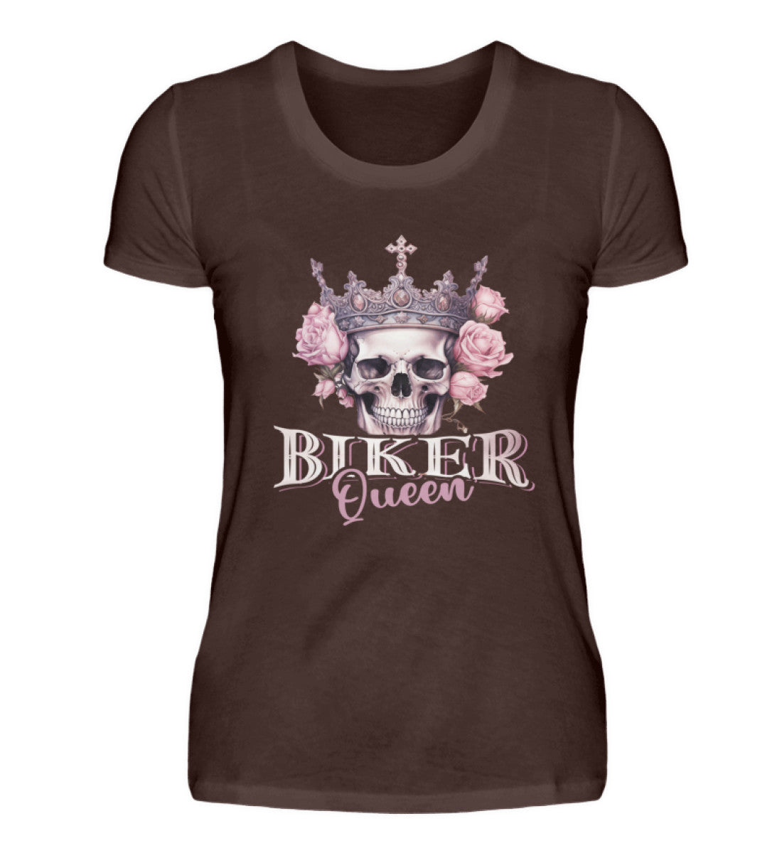 Ein Bikerin T-Shirt für Motorradfahrerinnen von Wingbikers mit dem Aufdruck, Biker Queen - in braun.