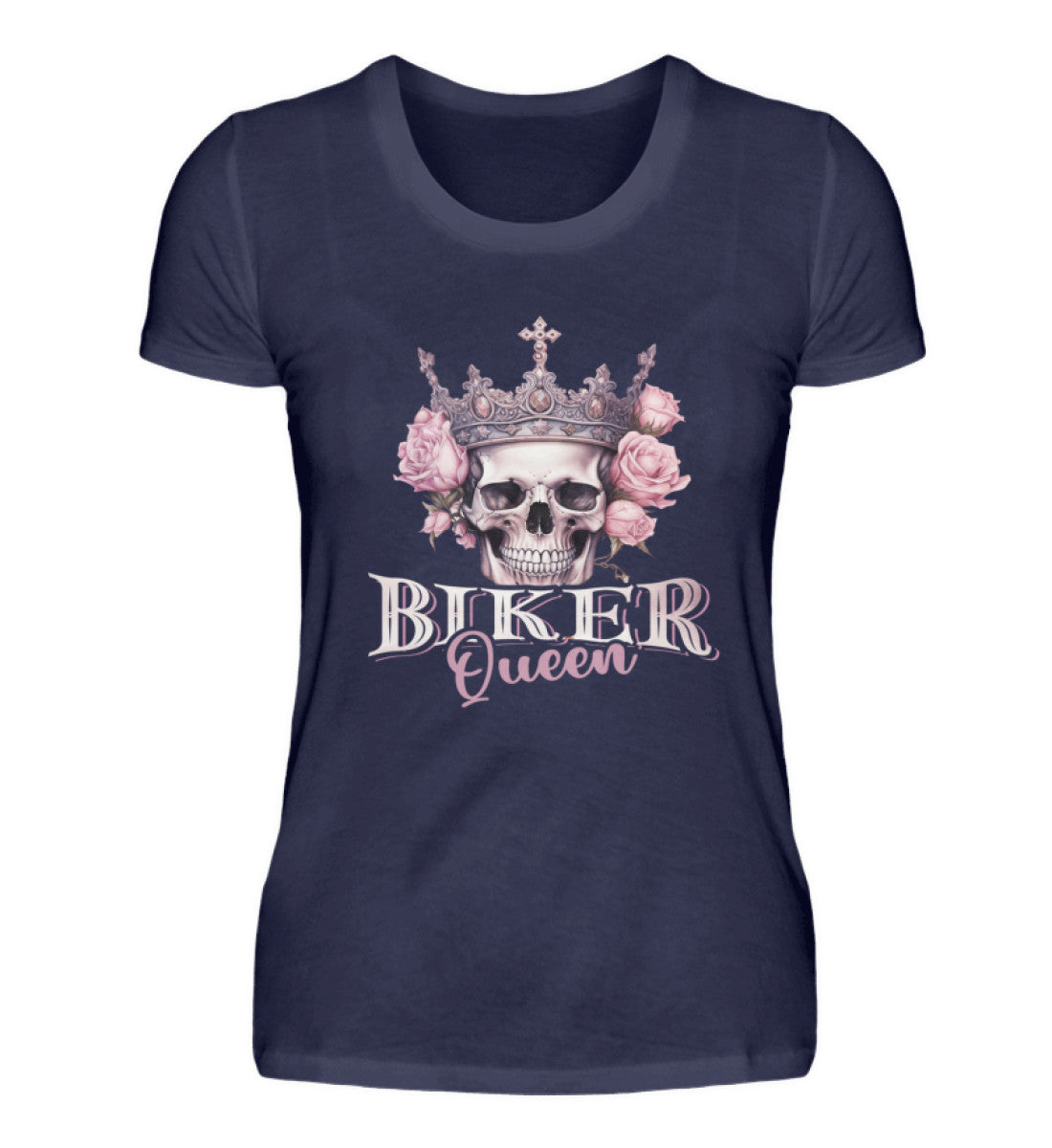 Ein Bikerin T-Shirt für Motorradfahrerinnen von Wingbikers mit dem Aufdruck, Biker Queen - in navy blau.