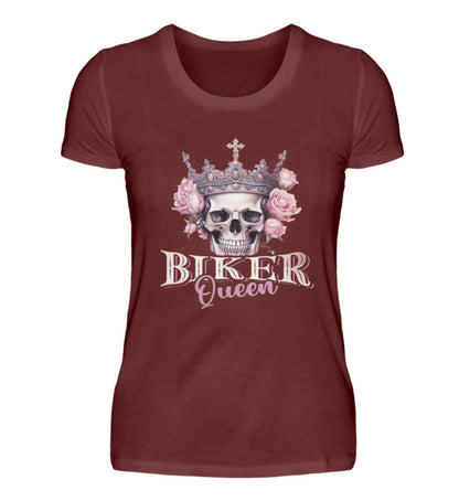 Ein Bikerin T-Shirt für Motorradfahrerinnen von Wingbikers mit dem Aufdruck, Biker Queen - in weinrot.