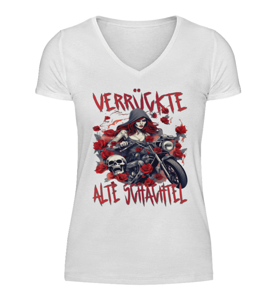 Ein T-Shirt mit V-Ausschnitt für Motorradfahrerinnen von Wingbikers mit dem Aufdruck, Verrückte alte Schachtel, in weiß.