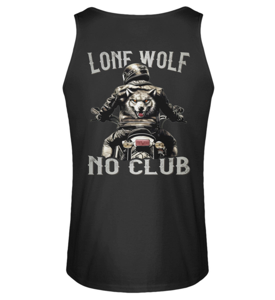 Ein Biker Tanktop für Motorradfahrer von Wingbikers mit dem Aufdruck, Lone Wolf - No Club, als Back Print, in schwarz.