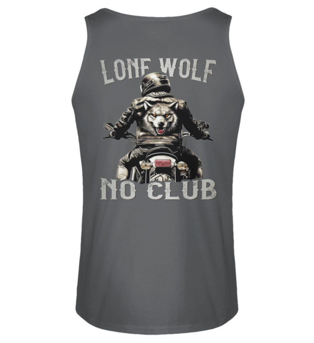 Ein Biker Tanktop für Motorradfahrer von Wingbikers mit dem Aufdruck, Lone Wolf - No Club, als Back Print, in dunkelgrau.