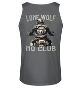 Ein Biker Tanktop für Motorradfahrer von Wingbikers mit dem Aufdruck, Lone Wolf - No Club, als Back Print, in dunkelgrau.