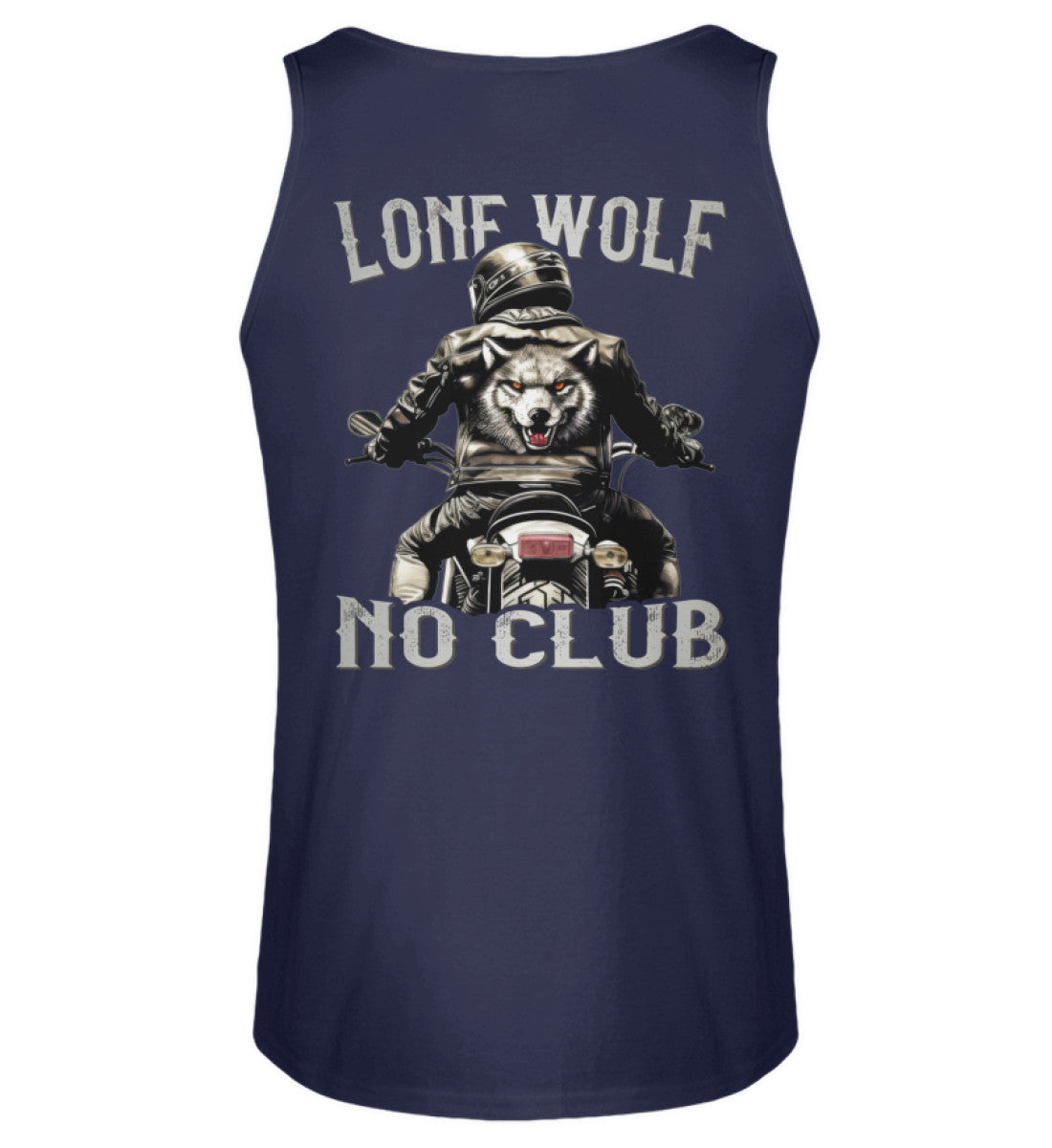Ein Biker Tanktop für Motorradfahrer von Wingbikers mit dem Aufdruck, Lone Wolf - No Club, als Back Print, in navy blau.