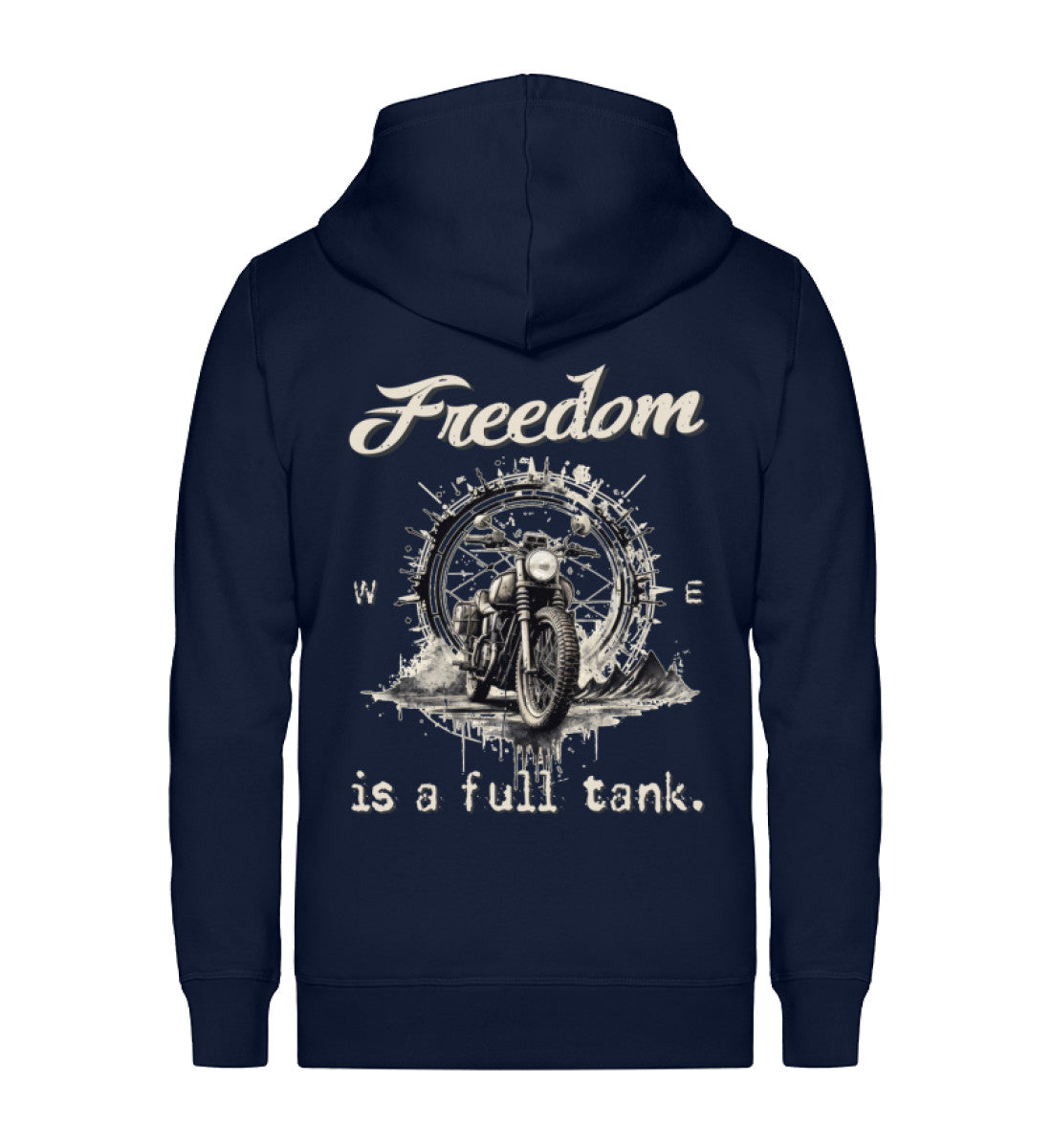 Ein Reißverschluss-Jacke für Motorradfahrer von Wingbikers mit dem Aufdruck, Freedom Is A Full Tank - Freiheit ist ein voller Tank - mit einem Retro Vintage klassischem Motorrad, in navy blau.