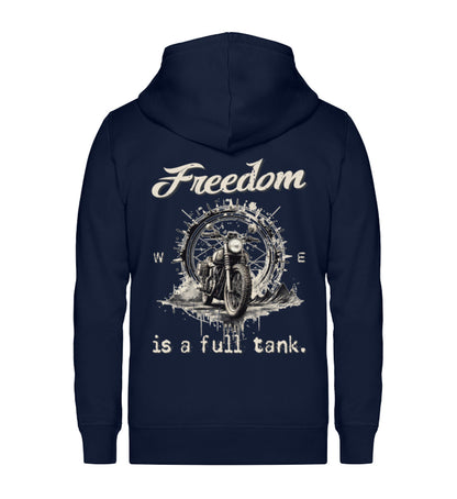 Ein Reißverschluss-Jacke für Motorradfahrer von Wingbikers mit dem Aufdruck, Freedom Is A Full Tank - Freiheit ist ein voller Tank - mit einem Retro Vintage klassischem Motorrad, in navy blau.