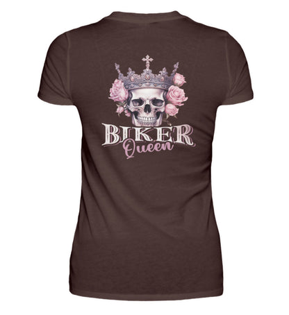 Ein Bikerin T-Shirt für Motorradfahrerinnen von Wingbikers mit dem Aufdruck, Biker Queen - als Back Print, in braun.
