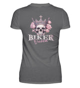 Ein Bikerin T-Shirt für Motorradfahrerinnen von Wingbikers mit dem Aufdruck, Biker Queen - als Back Print, in dunkelgrau.