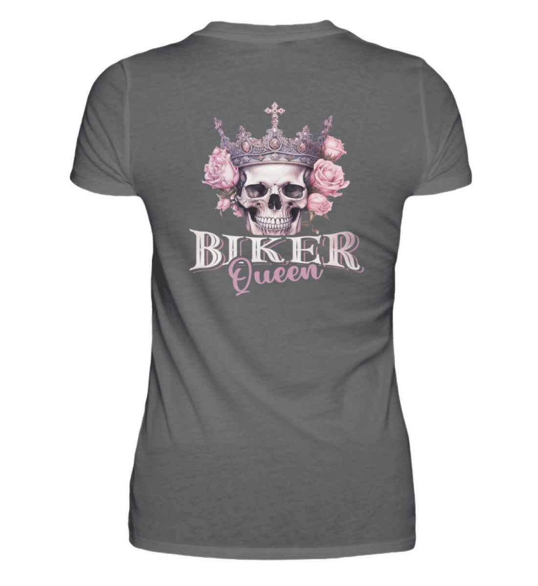 Ein Bikerin T-Shirt für Motorradfahrerinnen von Wingbikers mit dem Aufdruck, Biker Queen - als Back Print, in dunkelgrau.