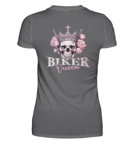 Ein Bikerin T-Shirt für Motorradfahrerinnen von Wingbikers mit dem Aufdruck, Biker Queen - als Back Print, in dunkelgrau.