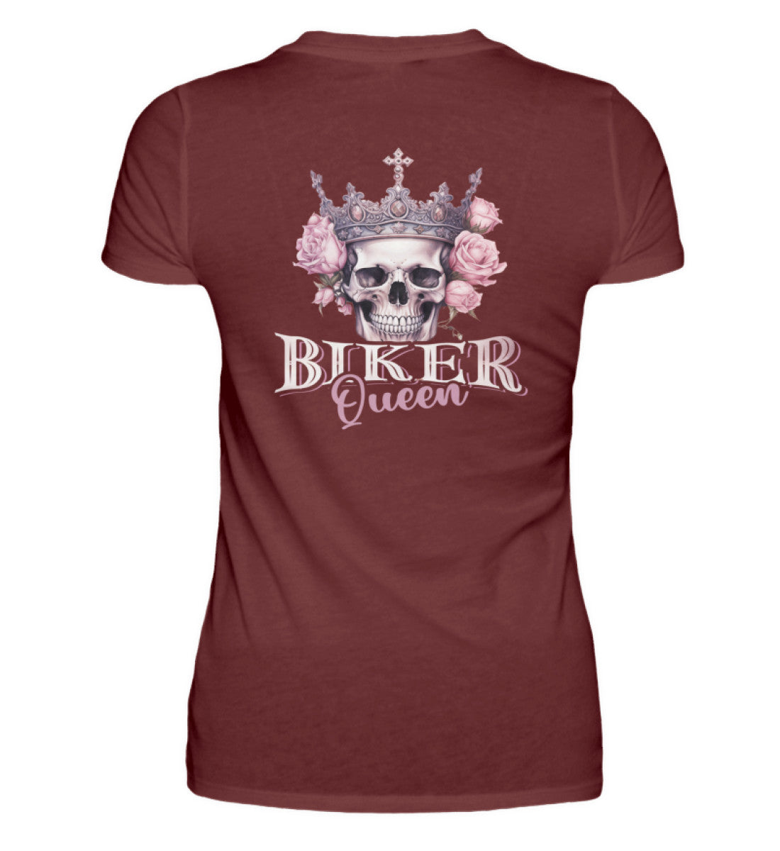 Ein Bikerin T-Shirt für Motorradfahrerinnen von Wingbikers mit dem Aufdruck, Biker Queen - als Back Print, in weinrot.