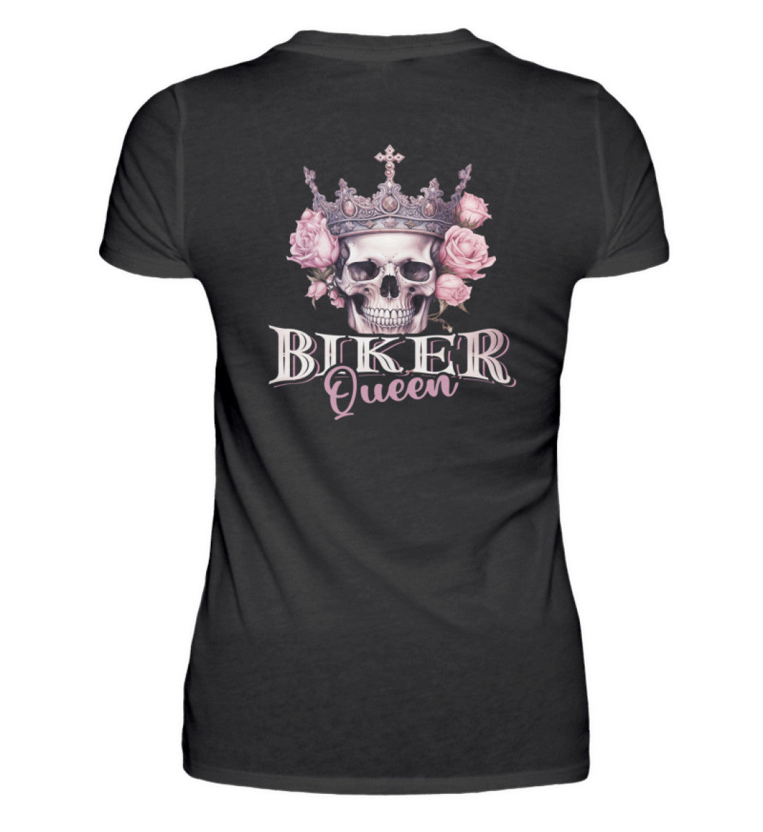 Ein Bikerin T-Shirt für Motorradfahrerinnen von Wingbikers mit dem Aufdruck, Biker Queen - als Back Print, in schwarz.