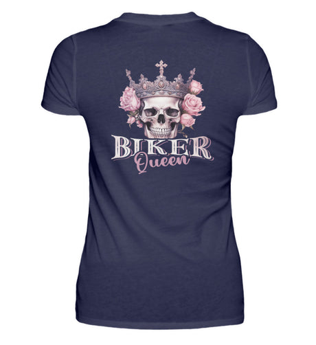 Ein Bikerin T-Shirt für Motorradfahrerinnen von Wingbikers mit dem Aufdruck, Biker Queen - als Back Print, in navy blau.