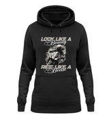 Ein Damen Hoodie für Motorradfahrerinnen von Wingbikers mit dem Aufdruck, Look like a Beauty - Ride like a Beast, in schwarz.