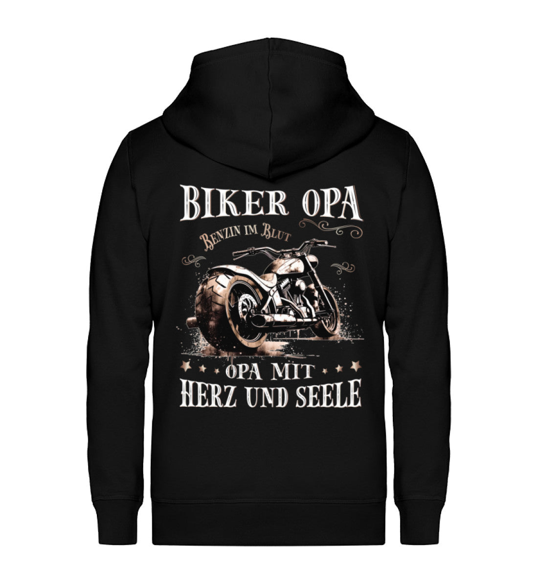 Eine Reißverschluss-Jacke für Motorradfahrer von Wingbikers mit dem Aufdruck, Biker Opa - Benzin im Blut - Opa mit Herz und Seele, in schwarz.