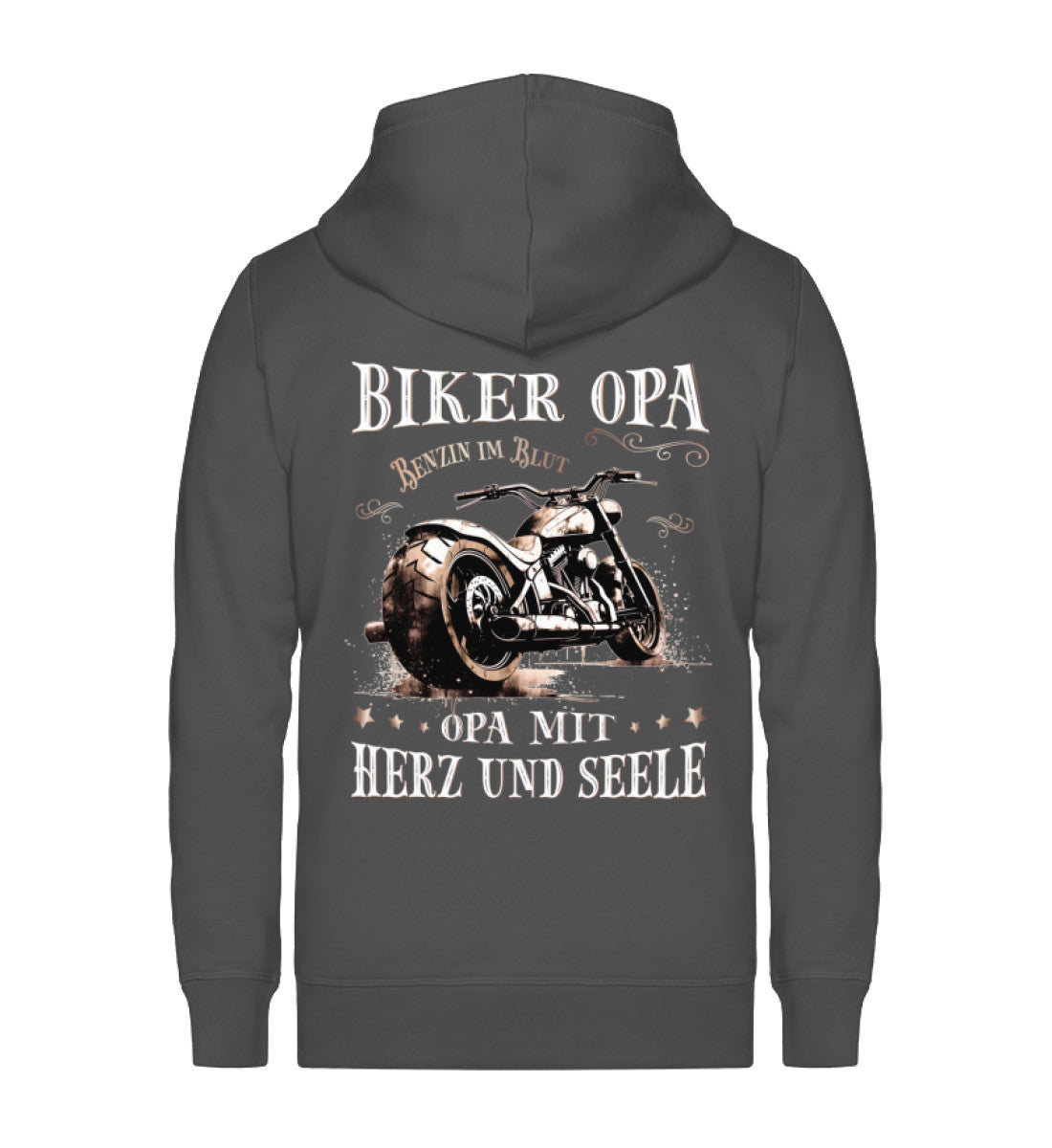 Eine Reißverschluss-Jacke für Motorradfahrer von Wingbikers mit dem Aufdruck, Biker Opa - Benzin im Blut - Opa mit Herz und Seele, in dunkelgrau.