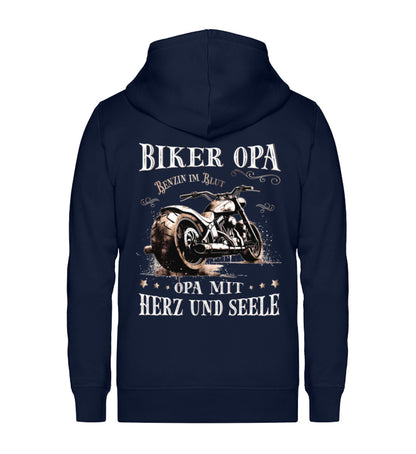Eine Reißverschluss-Jacke für Motorradfahrer von Wingbikers mit dem Aufdruck, Biker Opa - Benzin im Blut - Opa mit Herz und Seele, in navy blau. .