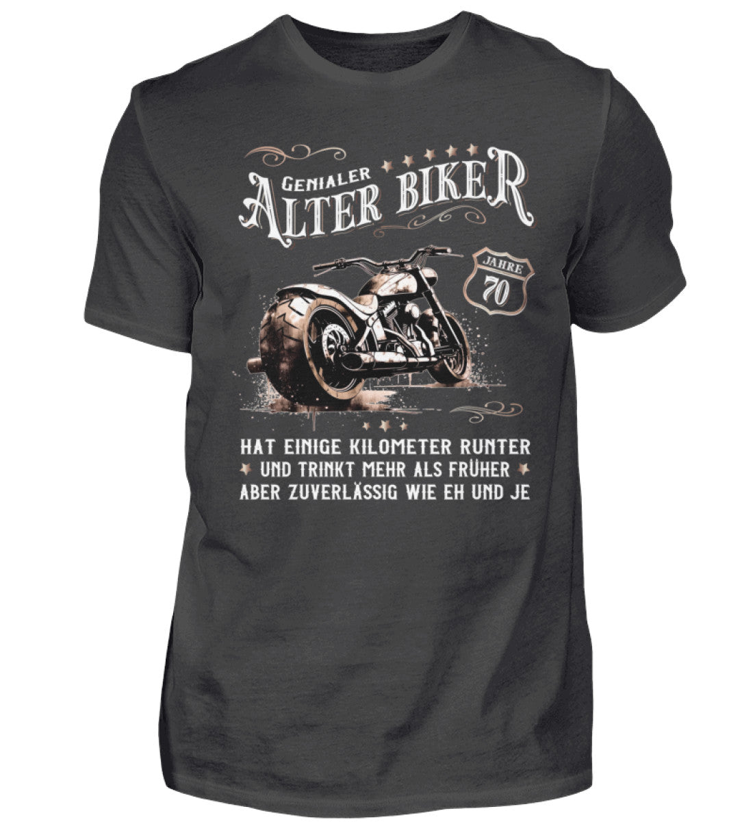 Ein Biker T-Shirt zum Geburtstag für Motorradfahrer von Wingbikers mit dem Aufdruck, Alter Biker - 70 Jahre - Einige Kilometer runter, trinkt mehr - aber zuverlässig wie eh und je - in dunkelgrau.