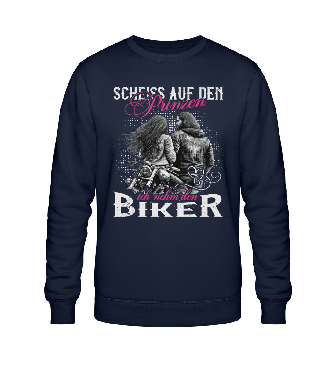 Ein Sweatshirt für Motorradfahrerinnen von Wingbikers mit dem Aufdruck, Scheiß auf den Prinzen - Ich nehm´ den Biker, in navy blau.