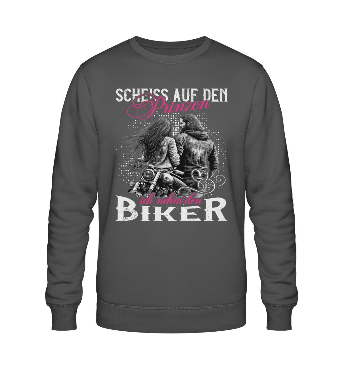 Ein Sweatshirt für Motorradfahrerinnen von Wingbikers mit dem Aufdruck, Scheiß auf den Prinzen - Ich nehm´ den Biker, in grau.