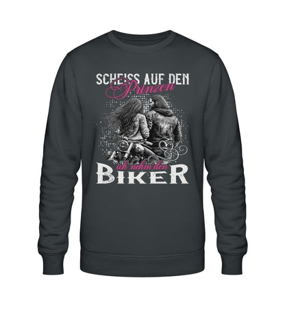Ein Sweatshirt für Motorradfahrerinnen von Wingbikers mit dem Aufdruck, Scheiß auf den Prinzen - Ich nehm´ den Biker, in dunkelgrau.