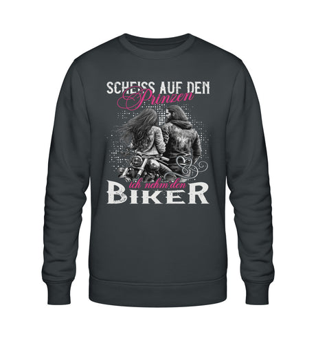 Ein Sweatshirt für Motorradfahrerinnen von Wingbikers mit dem Aufdruck, Scheiß auf den Prinzen - Ich nehm´ den Biker, in dunkelgrau.