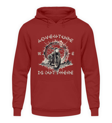 Ein Hoodie für Motorradfahrer von Wingbikers mit dem Aufdruck, Adventure Is Out There, in backsteinrot. .