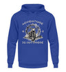 Ein Hoodie für Motorradfahrer von Wingbikers mit dem Aufdruck, Adventure Is Out There, in royal blau.