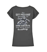 Ein Bikerin T-Shirt für Motorradfahrerinnen von Wingbikers mit dem Aufdruck, Als Gott mich schuf grinste er und dachte, das wird sicher lustig - mit Back Print, leger geschnitten, in schwarz.